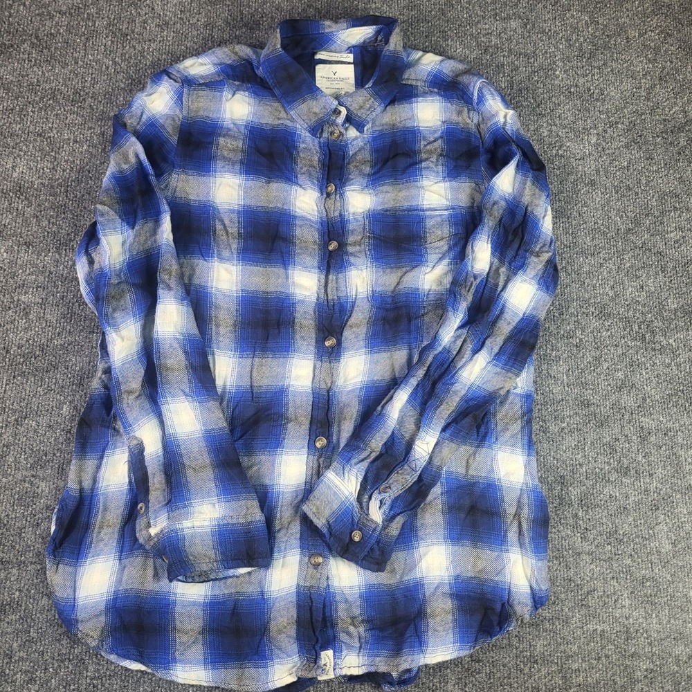 American Eagle Outfitters Blue Plaid Boyfriend Fit Viscose Button Down Shirt M
